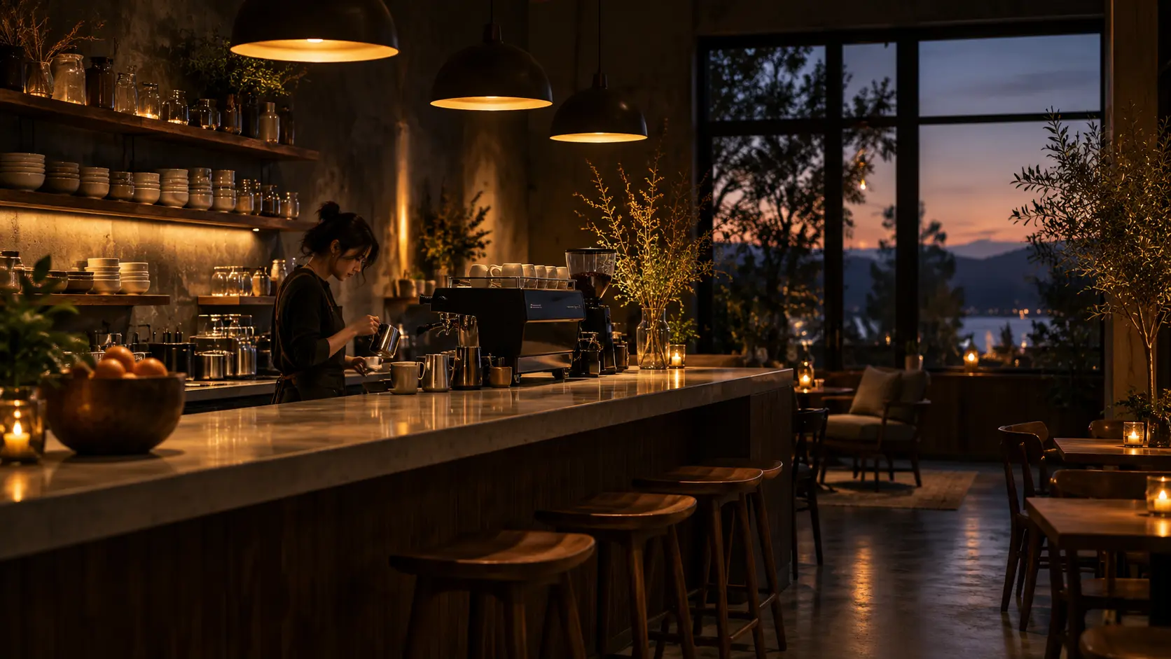 Warmly lit counter at Morrow Café